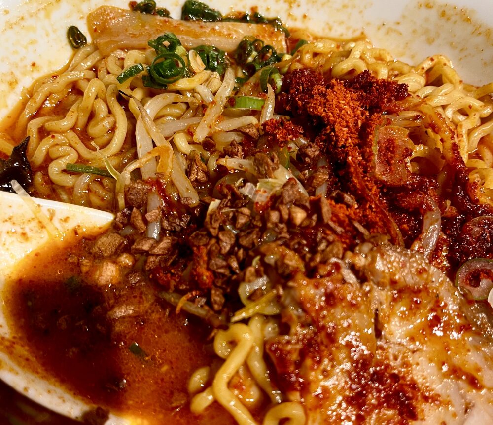 辛いラーメン14の辛味噌ラーメン ニンニクチップと具材